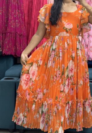 Sunset Bloom – Pure Chiffon Pleated Floral Dress