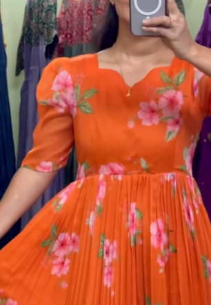 Orange Floral Bliss – Pure Chiffon Maxi Dress