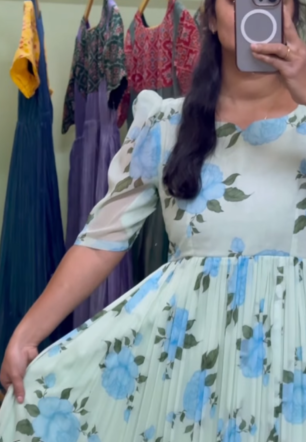 Sky Blue Floral Grace – Pure Chiffon Maxi Dress