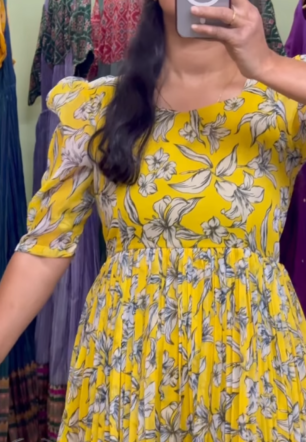 Yellow Floral Charm – Crush Chiffon Maxi Dress