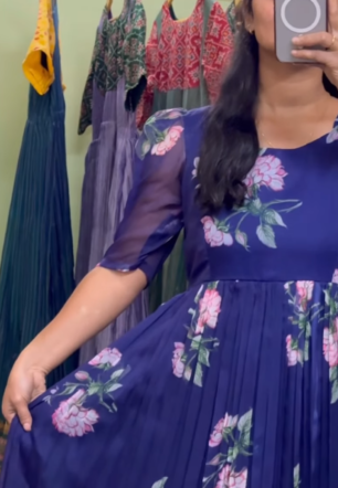 Royal Blue Floral Grace – Pure Chiffon Maxi Dress
