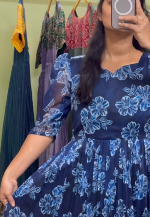Navy Blue Floral Elegance – Pure Chiffon Maxi Dress