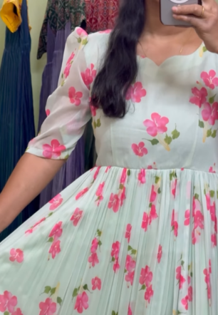 Mint Pink Floral Bliss – Pure Chiffon Maxi Dress