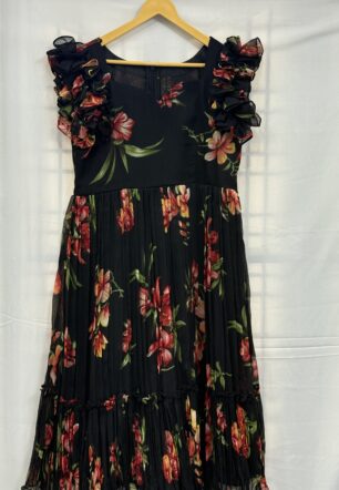 Midnight Floral Luxe – Crush Chiffon Maxi Dress