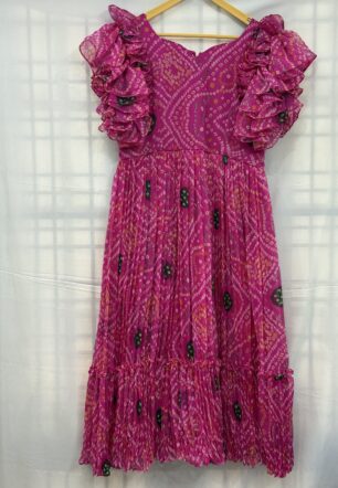 Hot Pink Bandhani Glow – Crush Chiffon Maxi Dress