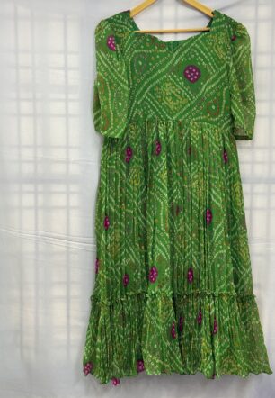 Green Bandhani Crush Chiffon Maxi Dress