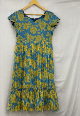 Blue Yellow Floral Pure Chiffon Maxi Dress
