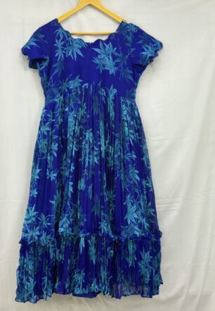 Royal Blue Leaf Print Crush Chiffon Maxi Dress