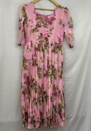 Pink Floral Mul Chanderi Maxi Dress